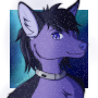 Profile picture showing a purple space pirate folf with some darker accents. His fur is starry and he has a cybernetic collar. The background is a snowy landscape. Art by me.