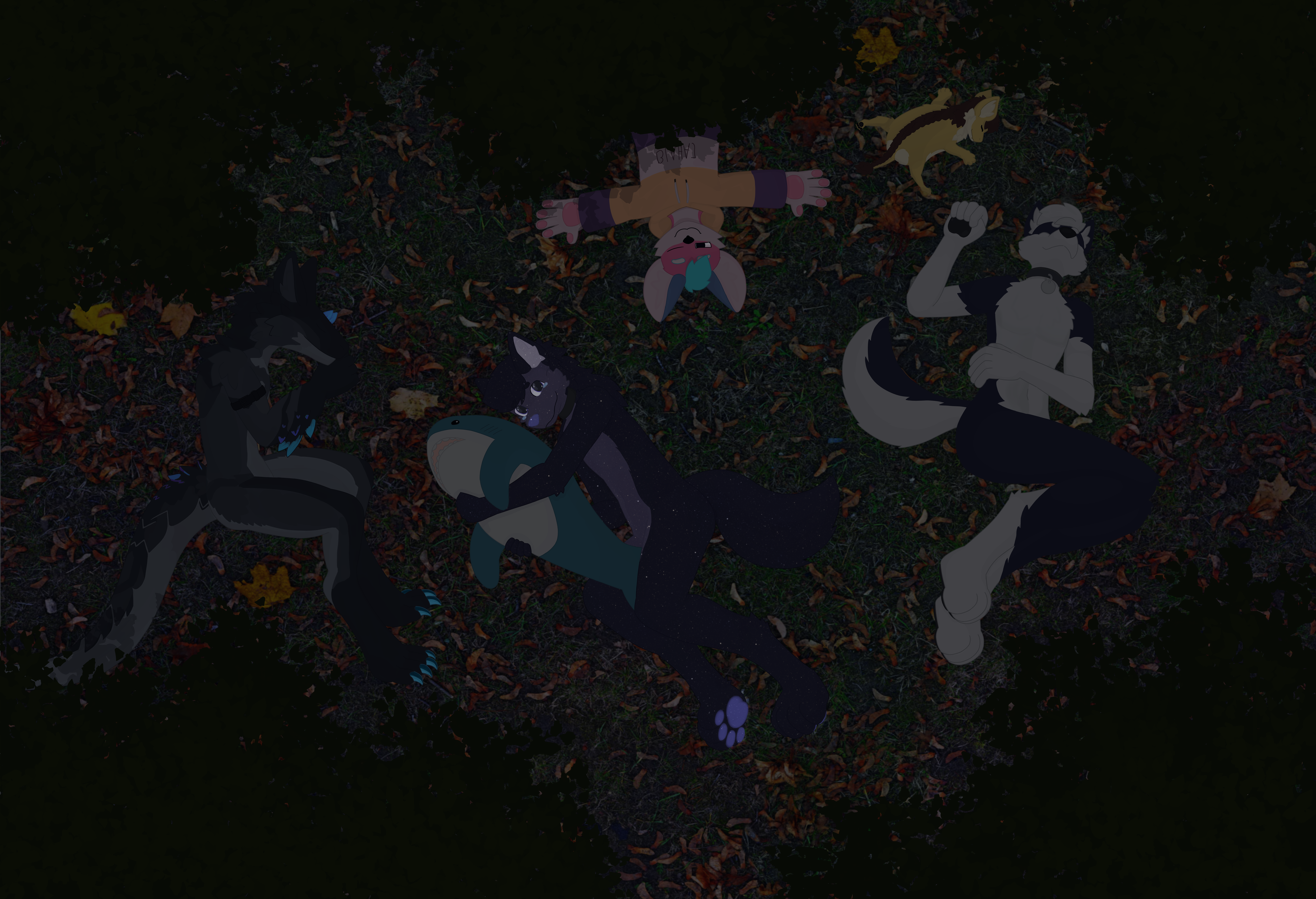 Elint, Orion, Keeri, Xino, and Krzychukoko are laying among grass and leaves at night. Orion is hugging a Blåhaj.