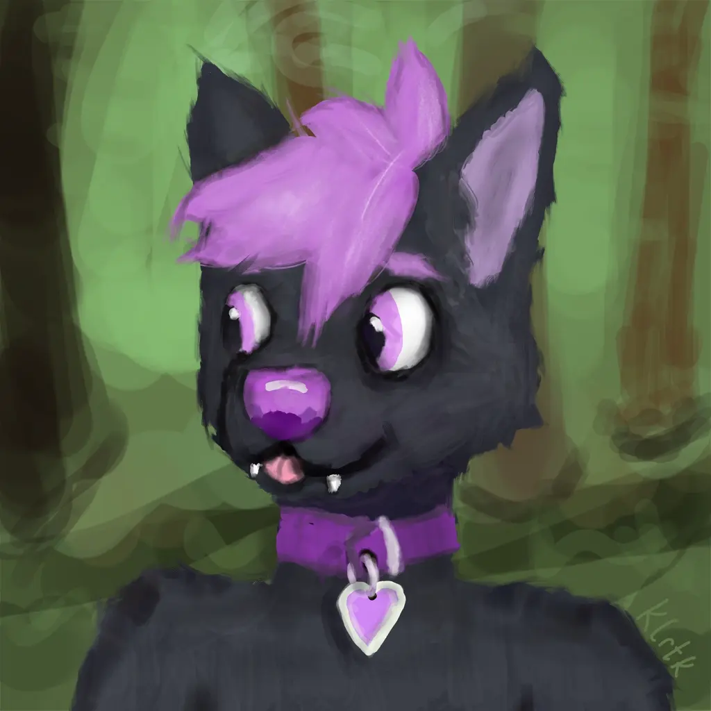 Headshot of a wolf with pink hair, nose, tongue, and a heart collar. The background is a lush forest.