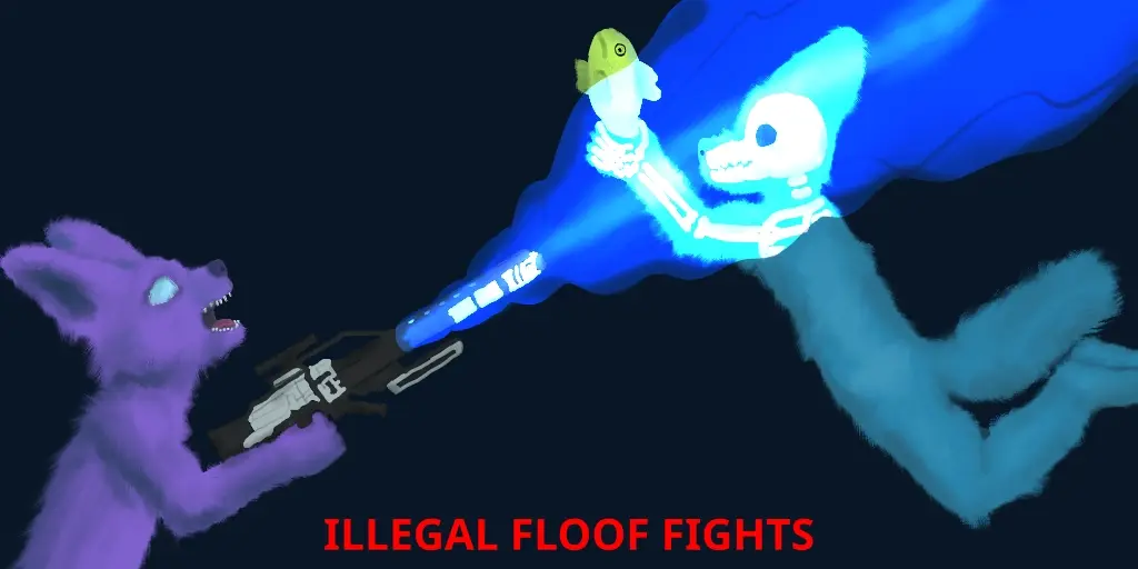 Banner showing one furry shooting another with a Vortex. The other furry is holding a green fish which is a reference to the melee slap in Xonotic, their skeleton is visible where the beam intersects. The text on the bottom says Illegal Floof Fights