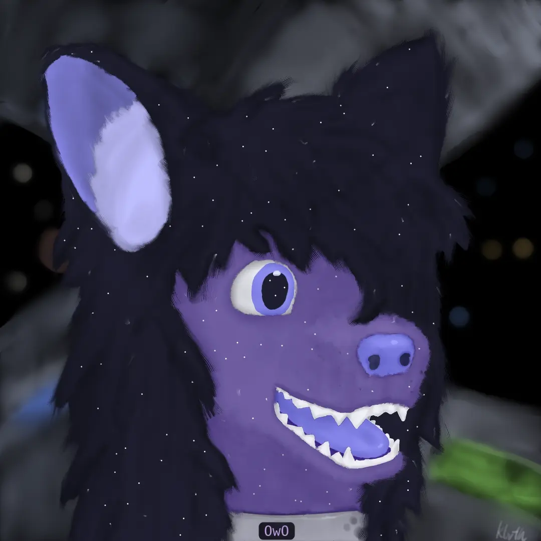Headshot of a purple folf with a space-themed background.