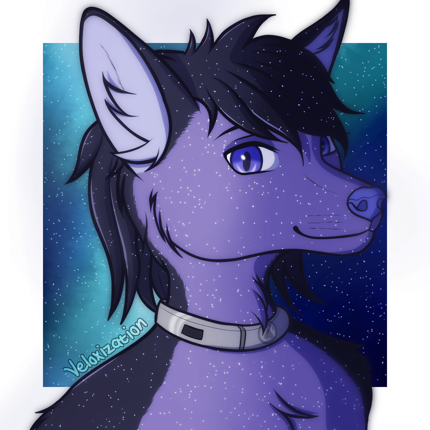 Headshot of a purple folf with a space-themed background.